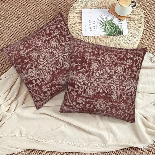 Sunshineyan Boho Pillow Covers 18x18 Set of 2, Bohemian Burgundy Carpet Pattern Decorative Throw Pillows Ethnic Rustic Farmhouse Cushion Cases Linen Gifts for Couch Sofa Outdoor Decor - Image 5