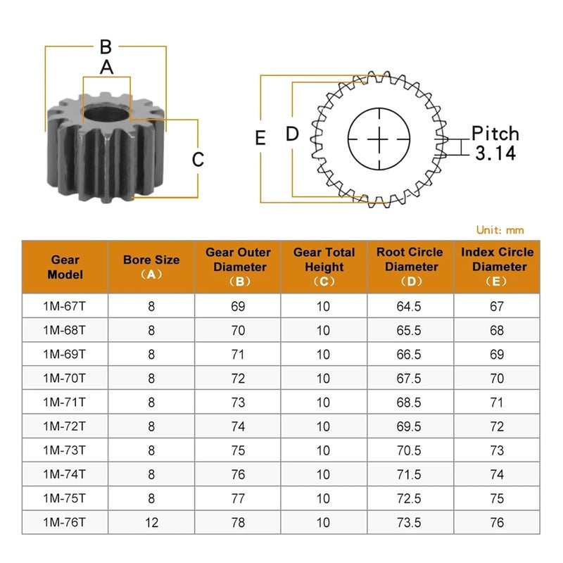 Blackening Cylindrical Gear Mod 1 Teeth Pitch 3.14 Mm Carbon Steel 1M-67T/68T/69T/70T/71T/72T Motor Gear Joyful(1M71T (Bore 8 mm)) - Image 3