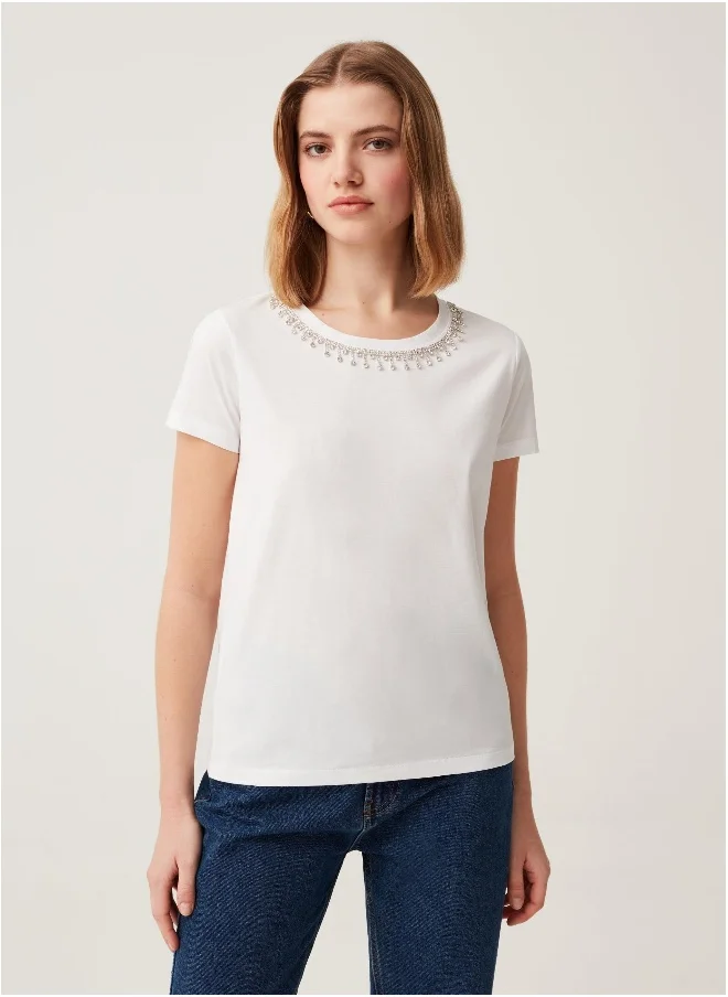 او في اس Ovs T-Shirt With Diamanté Design And Round Neck
