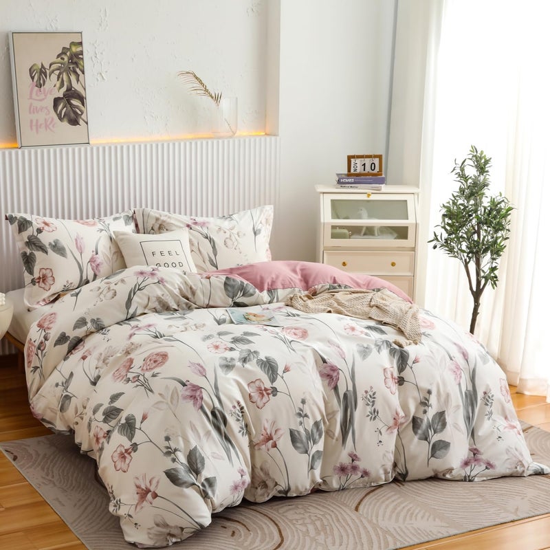 Oaite Davet Cover Set Size Size Floral Pattern 600 Thread Count Ultra Soft 100 ٪ Long Staple Cove Cover Cover Cover 3-PC Treptable Cover مع إغلاق السوستة وروابط الزاوية - Image 2