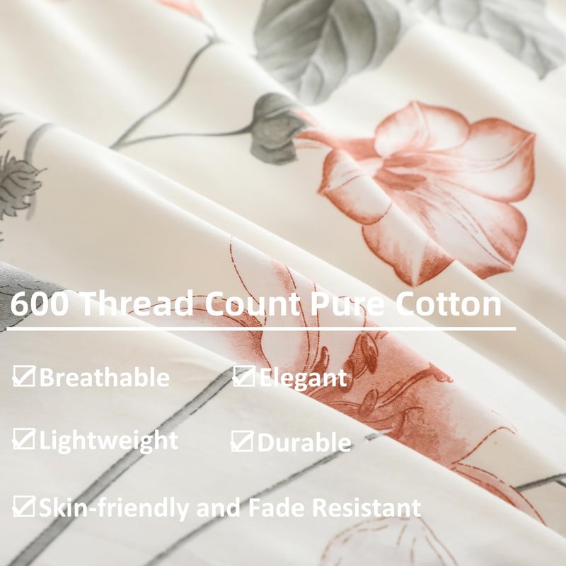 Oaite Davet Cover Set Size Size Floral Pattern 600 Thread Count Ultra Soft 100 ٪ Long Staple Cove Cover Cover Cover 3-PC Treptable Cover مع إغلاق السوستة وروابط الزاوية - Image 4