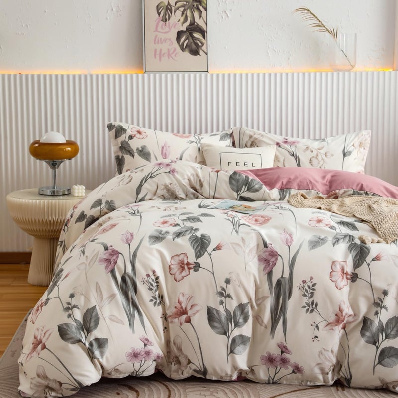 Oaite Davet Cover Set Size Size Floral Pattern 600 Thread Count Ultra Soft 100 ٪ Long Staple Cove Cover Cover Cover 3-PC Treptable Cover مع إغلاق السوستة وروابط الزاوية - Image 1