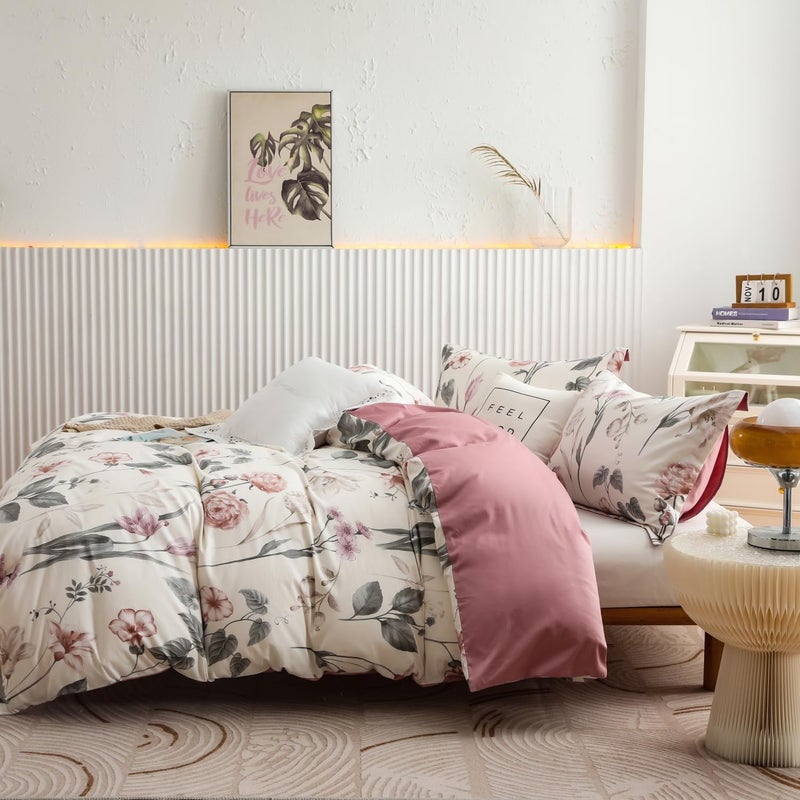 Oaite Davet Cover Set Size Size Floral Pattern 600 Thread Count Ultra Soft 100 ٪ Long Staple Cove Cover Cover Cover 3-PC Treptable Cover مع إغلاق السوستة وروابط الزاوية - Image 5