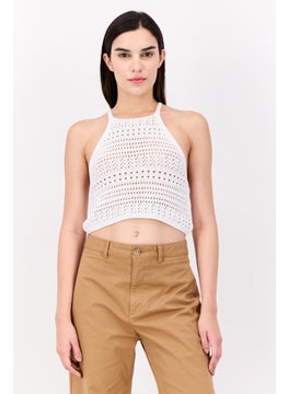 Women Halter Neck Sleeveless Eyelet Tank Top, White