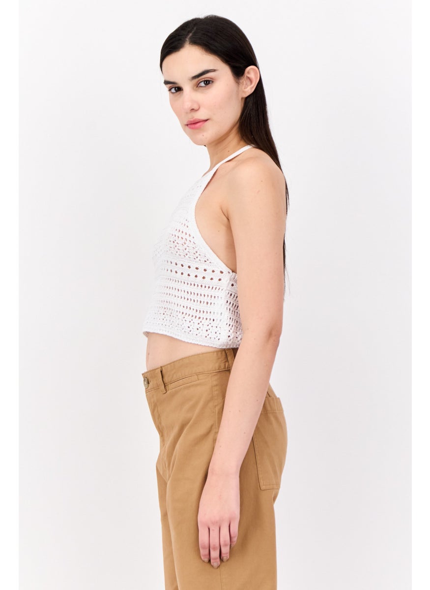 Don't Call Me Jennyfer - Women Halter Neck Sleeveless Eyelet Tank Top, White - Image 1