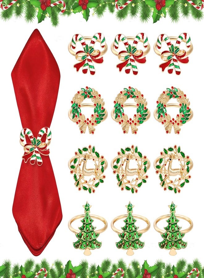KBDHYY Christmas Napkin Rings Set of 12 - Tree, Elk, Garland, Cane Gold Holder - Xmas Metal Round Serviette Buckle for Party Favors, Thanksgiving Table Dinner Decor - Image 1