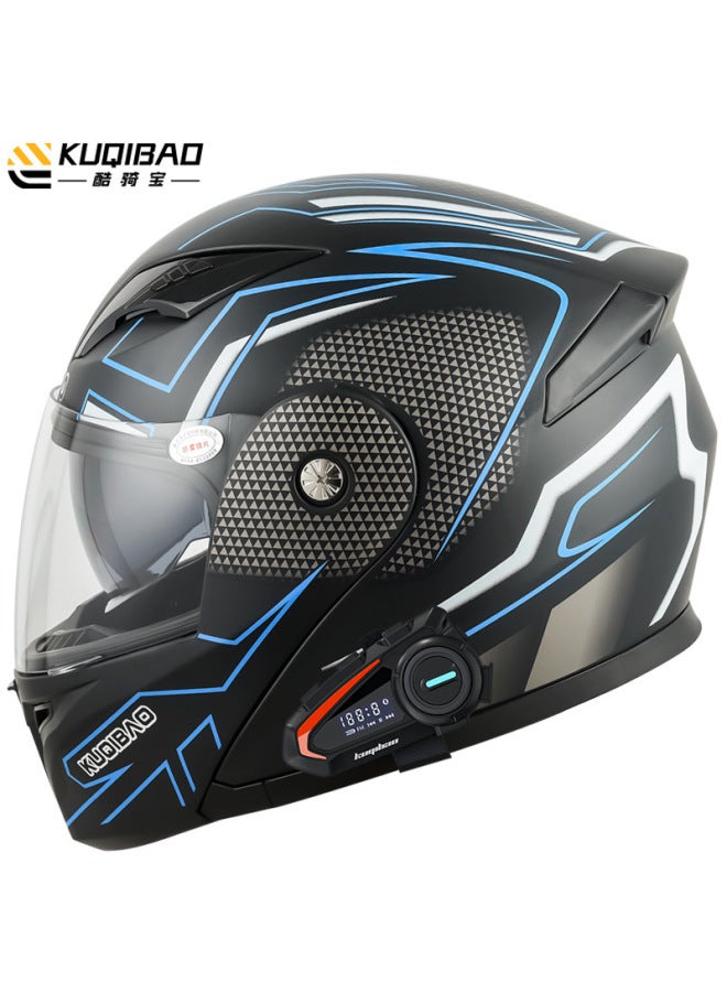 Cool Rider Dual-lens Flip-up Full-face Motorcycle Helmet with K20 Bluetooth, Matte Black Carbon Fiber Blue Flower