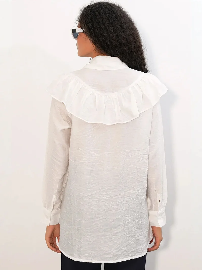 Big Dart White BDART Long Relaxed Shirt With Frill Detail for Women | Best Price UAE