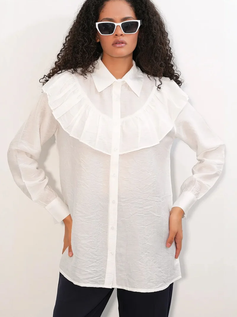 Big Dart White BDART Long Relaxed Shirt With Frill Detail for Women | Best Price UAE