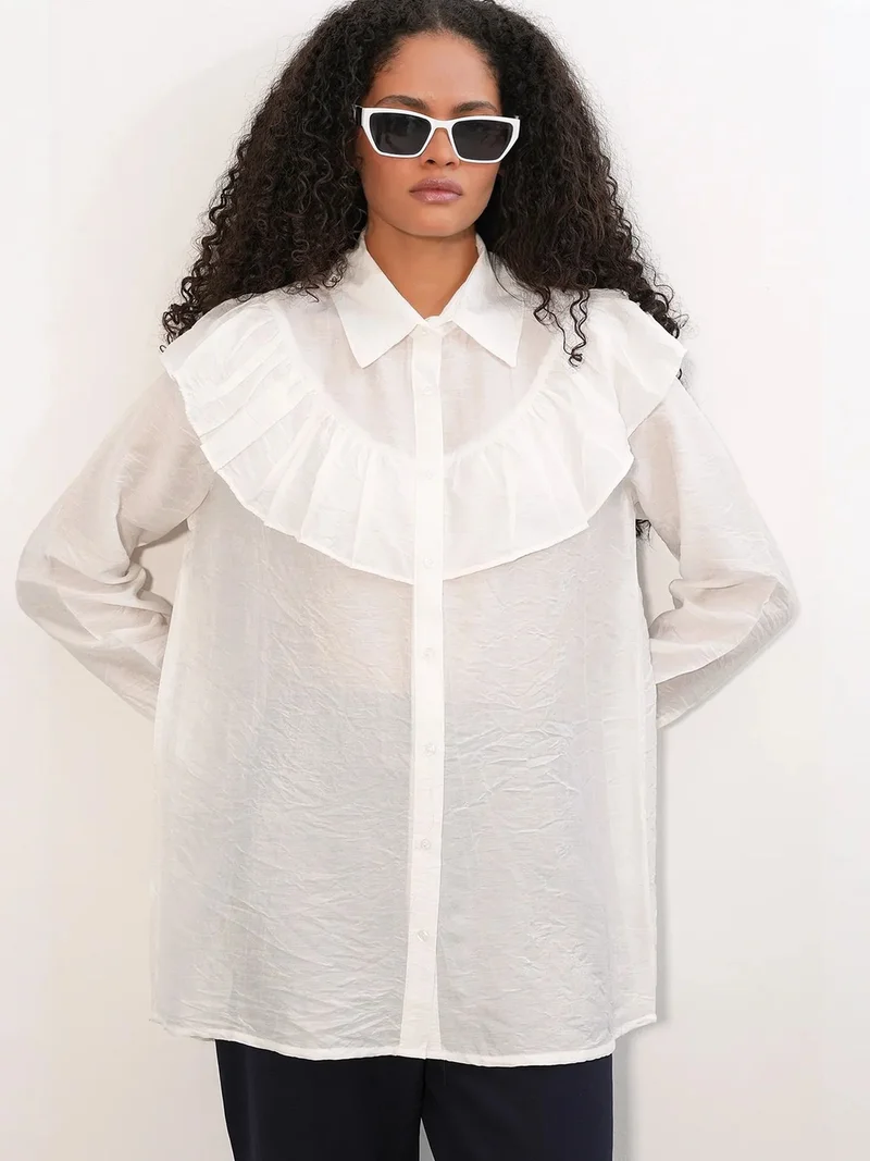 Big Dart White BDART Long Relaxed Shirt With Frill Detail for Women | Best Price UAE