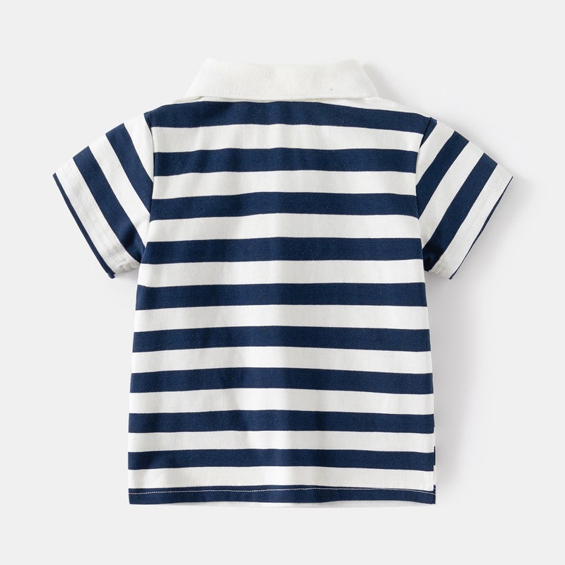 2024 Summer Korean Style Kidsren'S Short-Sleeved T-Shirt Baby Boy Stripesd Lapel Polo Shirt Kidsren'S Tie Half-Sleeved Top - Image 3