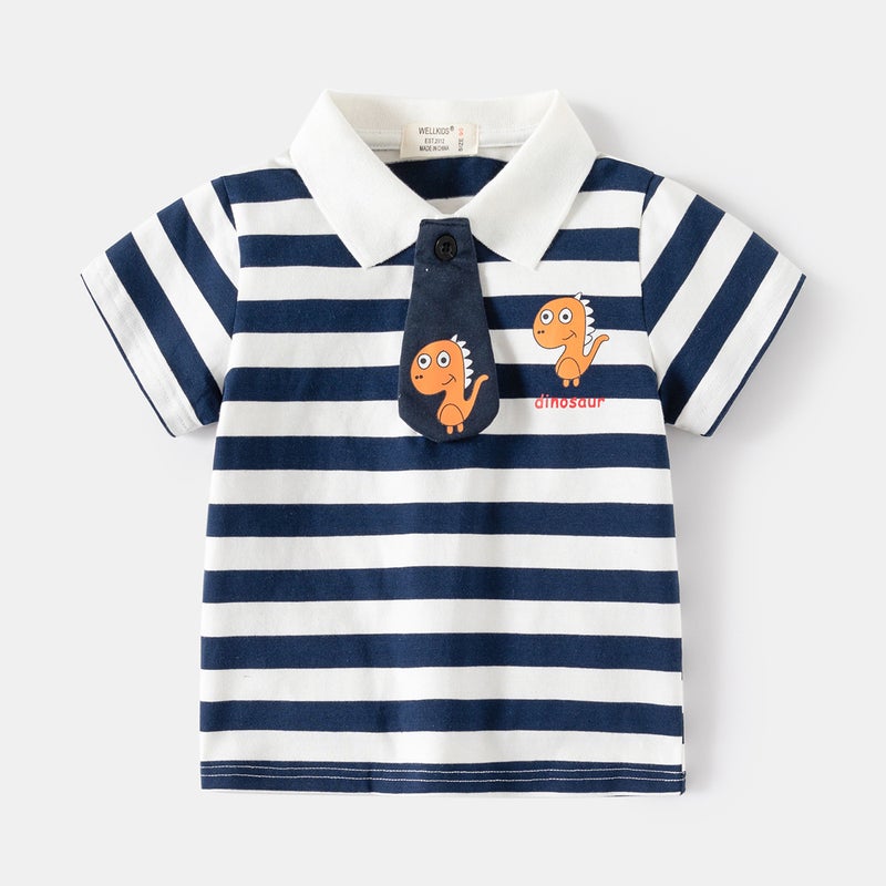 2024 Summer Korean Style Kidsren'S Short-Sleeved T-Shirt Baby Boy Stripesd Lapel Polo Shirt Kidsren'S Tie Half-Sleeved Top - Image 1