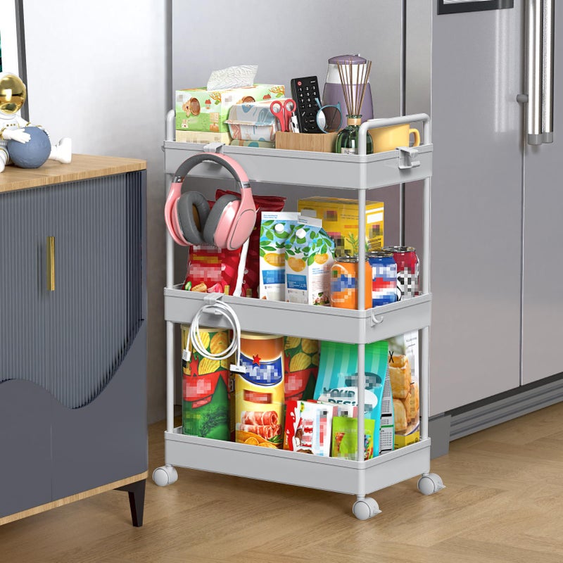 SOLEJAZZ 3 Tier Rolling Storage Cart with Wheels Slim Craft Nail Makeup Snack Art Baby Utility Cart Organizer on 2 Lockable Wheels for Bathroom Laundry Room Kitchen Bedside Narrow Spaces Gray