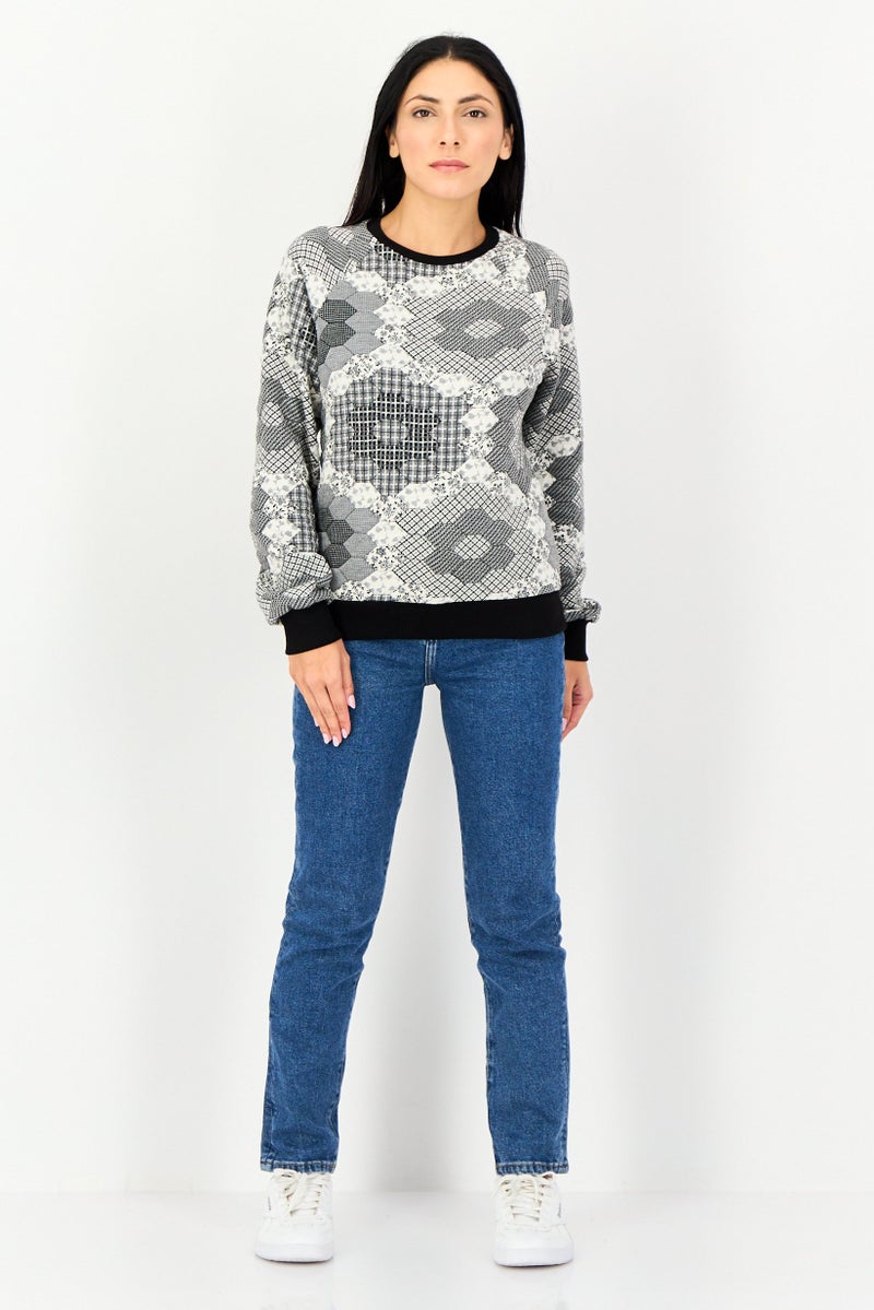 promod Women Ribbed Neck Allover Print Sweater, Multicolor - Image 3