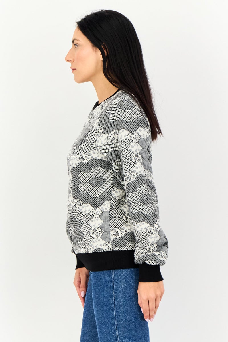 promod Women Ribbed Neck Allover Print Sweater, Multicolor - Image 2