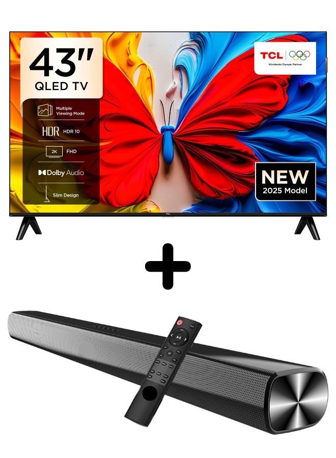 Bundle Of 43-inch S5K QLED Google TV (HDR10, Dolby Audio, Bezel-Less Design) With Soundbar (Bluetooth, FM Radio, 2.0 Channel Audio) 43S5K+SOUNDBAR Black