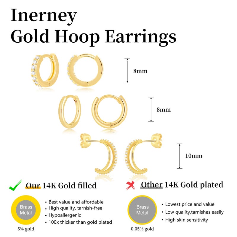 Inerney Gold Huggie Hoop Earrings Set for Women, Dainty 14K Plated Small Open Double Hoops Stacks Hypoallergenic Jewelry for Multiple Piercings, Trendy Mini Cartilage Earring Gift for Sensitive Ears - Image 4