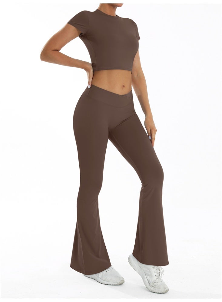 general 2 Pieces Yoga Set Gym Sportswear Workout Clothes Sport Flared Leggings Short Sleeve Tracksuits - Image 3