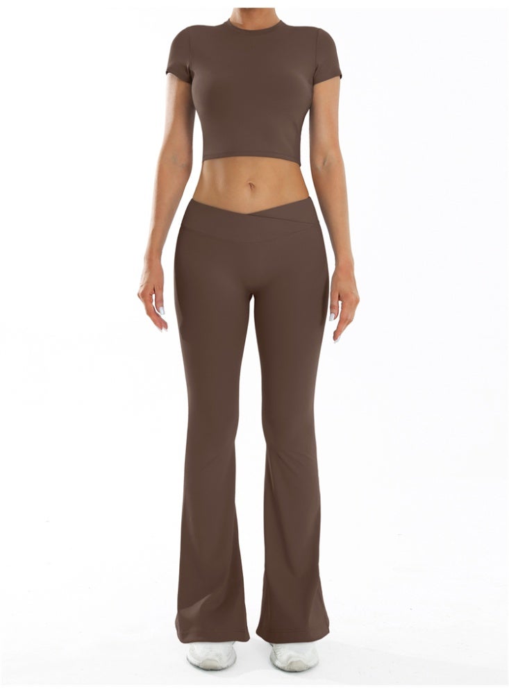 general 2 Pieces Yoga Set Gym Sportswear Workout Clothes Sport Flared Leggings Short Sleeve Tracksuits - Image 1