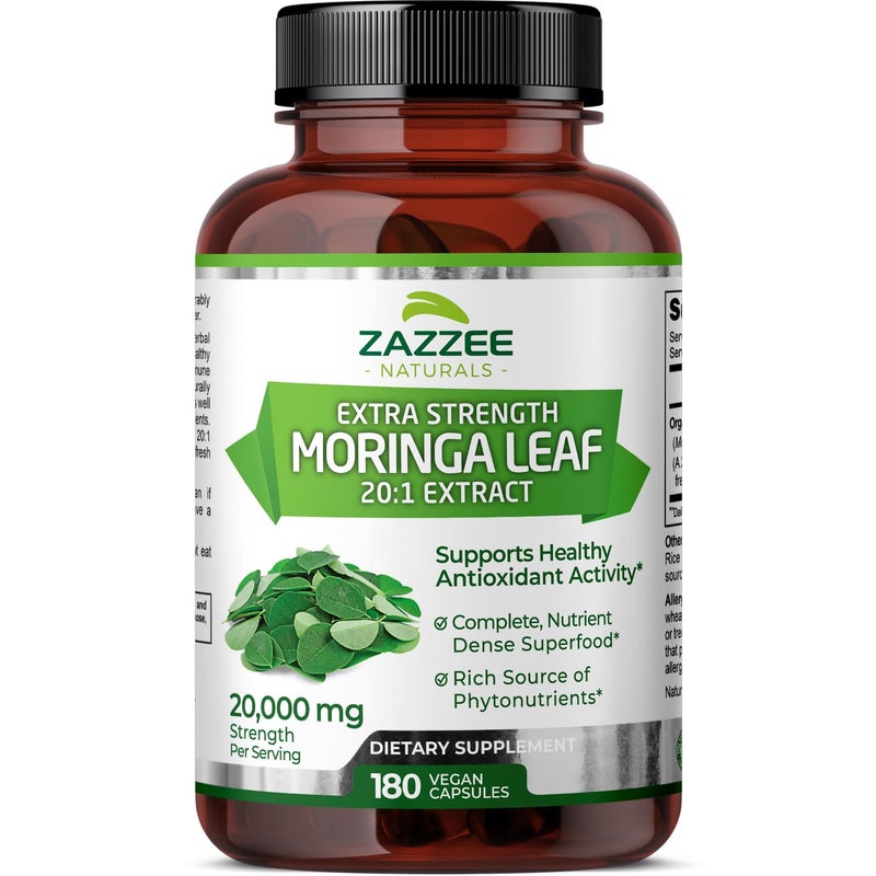 Zazzee Organic Moringa 20:1 Extract, 20,000 mg Strength, 180 Vegan Capsules, 100% Pure Oleifera Leaf Superfood, Concentrated and Standardized 20X Extract, All-Natural, Non-GMO, Made in The USA - Image 1