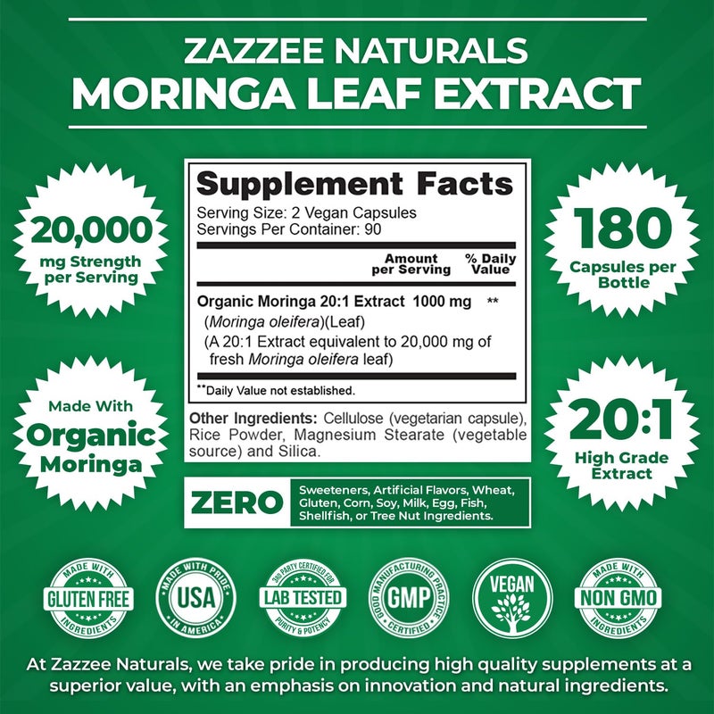 Zazzee Organic Moringa 20:1 Extract, 20,000 mg Strength, 180 Vegan Capsules, 100% Pure Oleifera Leaf Superfood, Concentrated and Standardized 20X Extract, All-Natural, Non-GMO, Made in The USA - Image 3