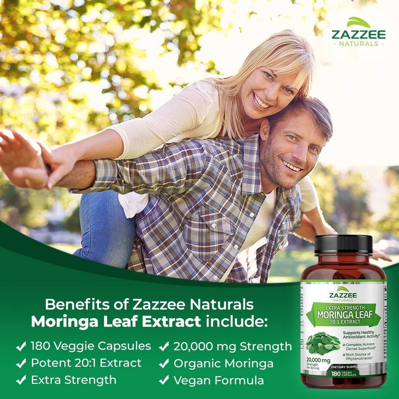 Zazzee Organic Moringa 20:1 Extract, 20,000 mg Strength, 180 Vegan Capsules, 100% Pure Oleifera Leaf Superfood, Concentrated and Standardized 20X Extract, All-Natural, Non-GMO, Made in The USA - Image 2