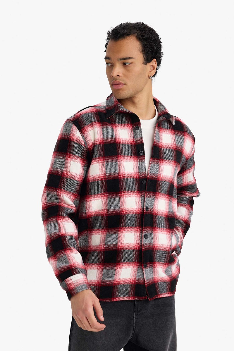 DeFacto Red Man Regular Fit Polo Neck Flannel Plaid Long Sleeve Shirt Casual - Image 3
