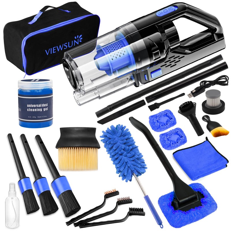 Viewsun Car Cleaning Kit Car Interior Detailing Kit with High Power Handheld Vacuum Cordless Rechargeable Detailing Brush Set Windshield Cleaner Complete Auto Accessories for Men Women Gift