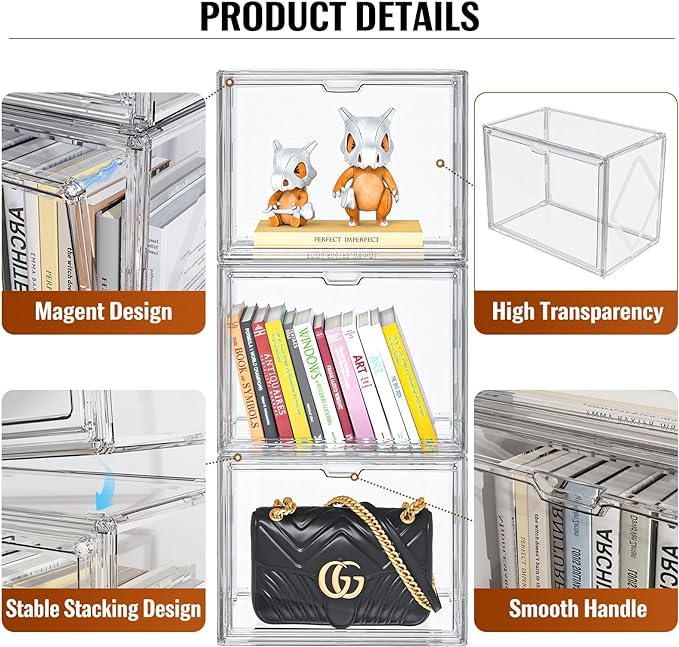 BLURISM BLURISM Clear Handbag Storage Organizers for Closet Plastic Acrylic Handbag Purse Shoes Toy Display Case Anti Dust Luxury Stackable Bag Container Box with Magnetic Door for Pocketbook Set of 4  - Image 5