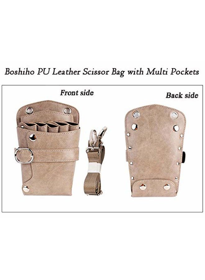 boshiho Scissors Pouch PU Leather Salon Barber Hairdressing Scissors Holster Hair Stylist Tools Bag Comb Shear Holster Waist Shoulder Belt (Khaki) - Image 2