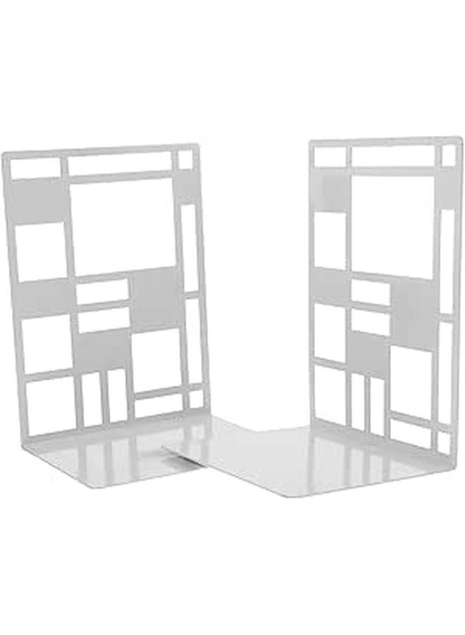 White Metal Bookends 2 Pack Sturdy Iron Desktop Book Organizer For Home Office - Image 1