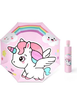 Kids Cartoon Umbrella, Rainbow Pony Print with Reflective Edge, Triple-Fold Automatic Open Umbrella