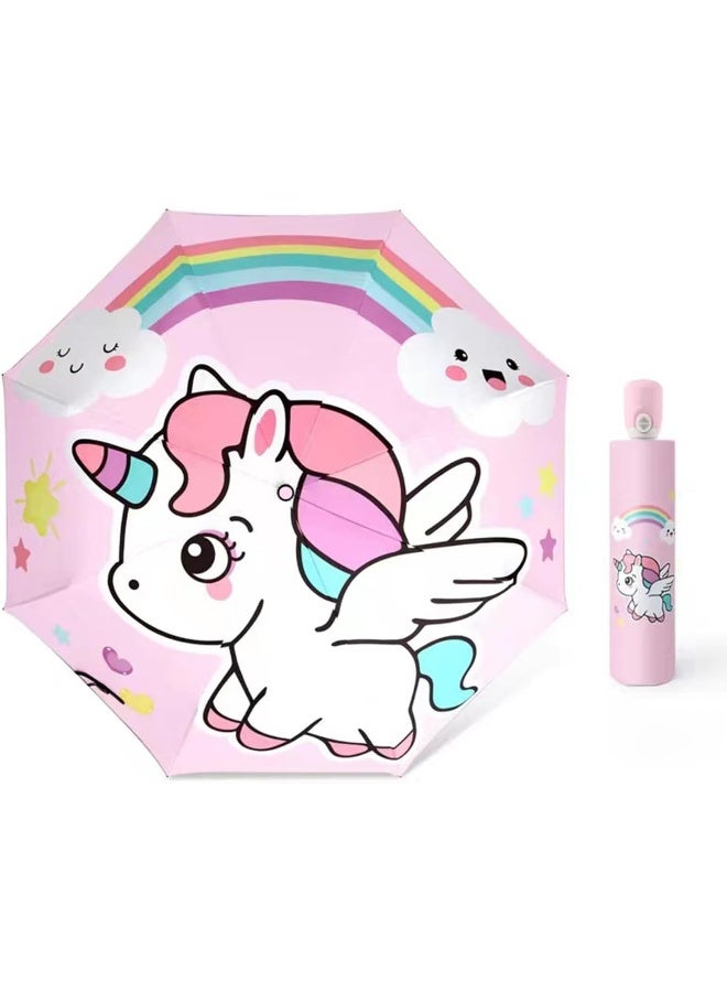 Kids Cartoon Umbrella, Rainbow Pony Print with Reflective Edge, Triple-Fold Automatic Open Umbrella
