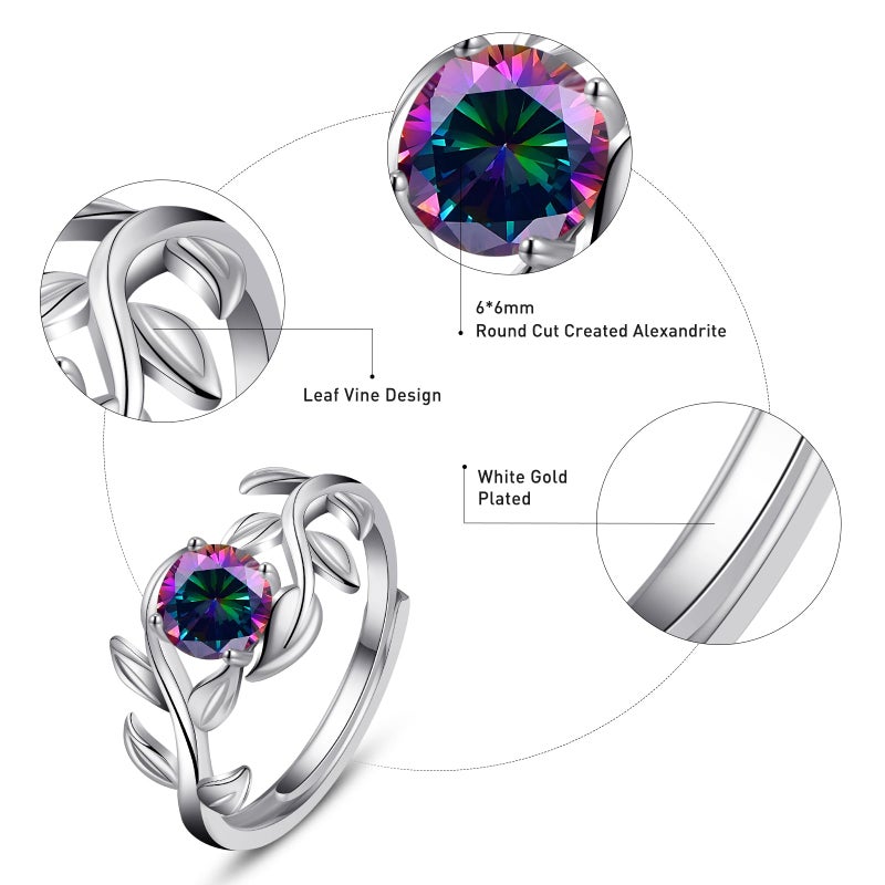 Yaresul Adjustable Women Alexandrite Ring, Women Open Branch Leaf Ring, Alexandrite Engagement Ring, Round Cut, White Gold - Image 2