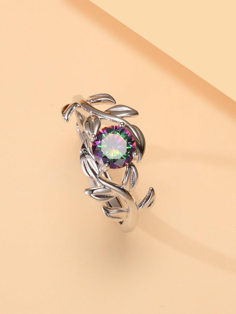Yaresul Adjustable Women Alexandrite Ring, Women Open Branch Leaf Ring, Alexandrite Engagement Ring, Round Cut, White Gold - Image 4