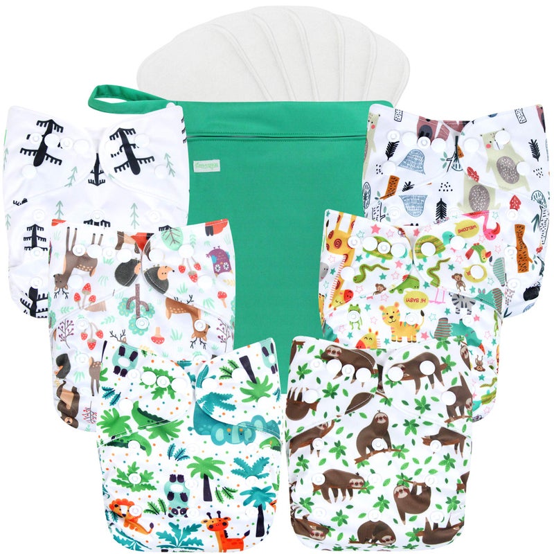 wegreeco Cloth Diapers 6 Pack with 6 Inserts 1 Wet Bag Washable Cloth Diapers for Babies One Size Adjustable Reusable Forest Animals