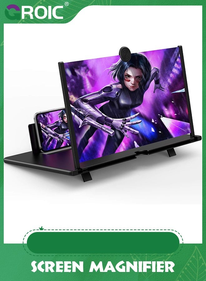 GROIC مكبر شاشة هاتف قابل للطي مقاس 12 بوصة باللون الأسود، هدية مكبرة لشاشة الهاتف المحمول عالية الدقة للأطفال الأكبر سنًا، مكبر فيديو ثلاثي الأبعاد مع تصميم سحب وحامل لحماية العين لجميع الهواتف الذكية - Image 1