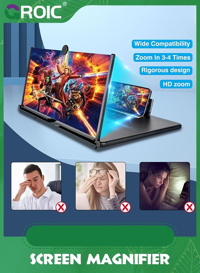 GROIC مكبر شاشة هاتف قابل للطي مقاس 12 بوصة باللون الأسود، هدية مكبرة لشاشة الهاتف المحمول عالية الدقة للأطفال الأكبر سنًا، مكبر فيديو ثلاثي الأبعاد مع تصميم سحب وحامل لحماية العين لجميع الهواتف الذكية - Image 2