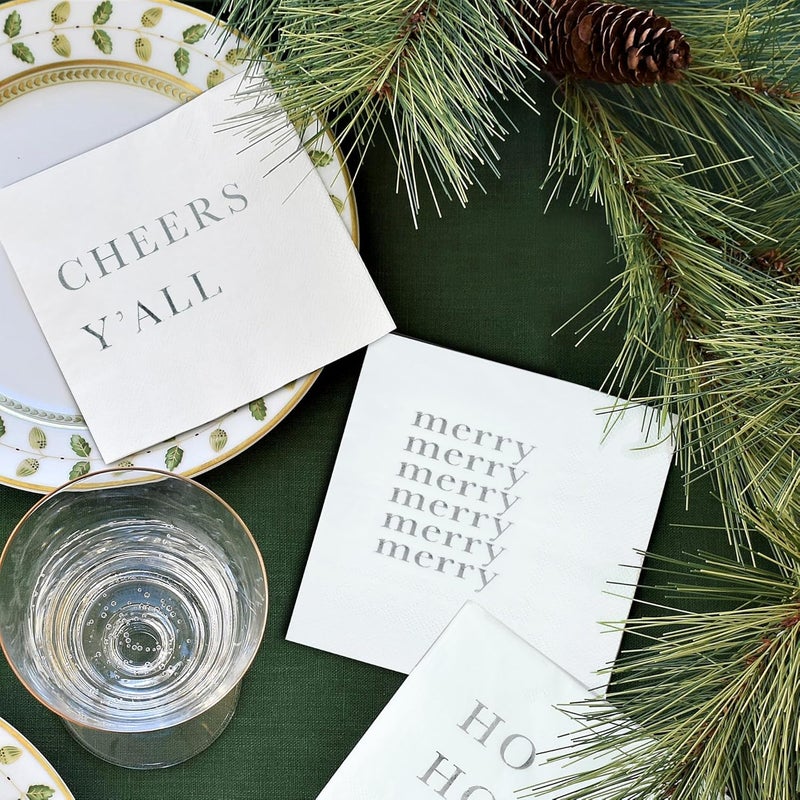 Sunshine Supply Cheers Y’all Christmas Cocktail Napkins – Silver Foil 3-Ply Disposable Napkins for Christmas Parties, New Year's Eve and Holiday Celebrations - Image 2