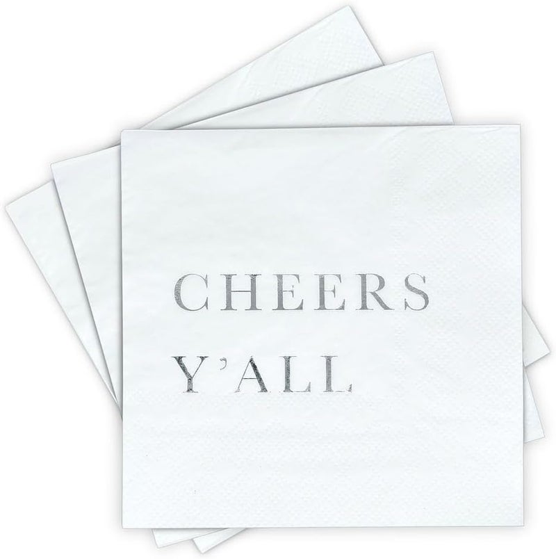 Sunshine Supply Cheers Y’all Christmas Cocktail Napkins – Silver Foil 3-Ply Disposable Napkins for Christmas Parties, New Year's Eve and Holiday Celebrations - Image 1