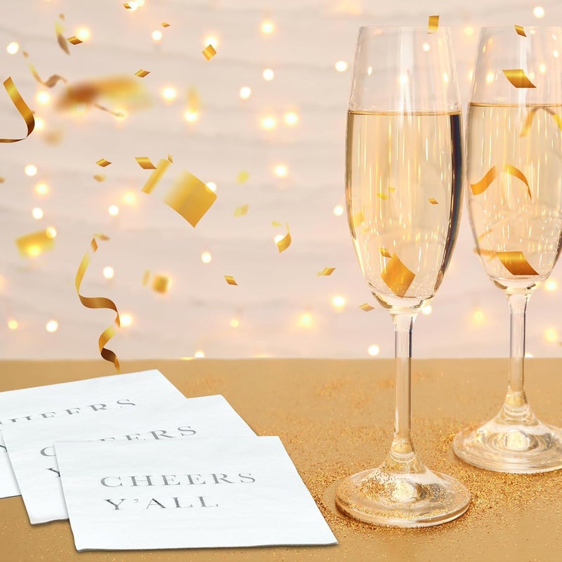 Sunshine Supply Cheers Y’all Christmas Cocktail Napkins – Silver Foil 3-Ply Disposable Napkins for Christmas Parties, New Year's Eve and Holiday Celebrations - Image 3