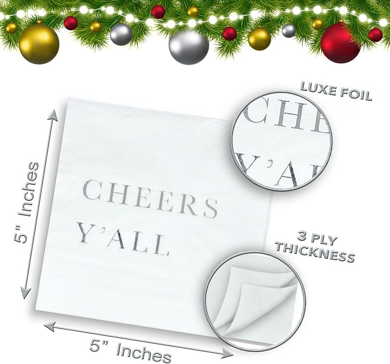 Sunshine Supply Cheers Y’all Christmas Cocktail Napkins – Silver Foil 3-Ply Disposable Napkins for Christmas Parties, New Year's Eve and Holiday Celebrations - Image 5