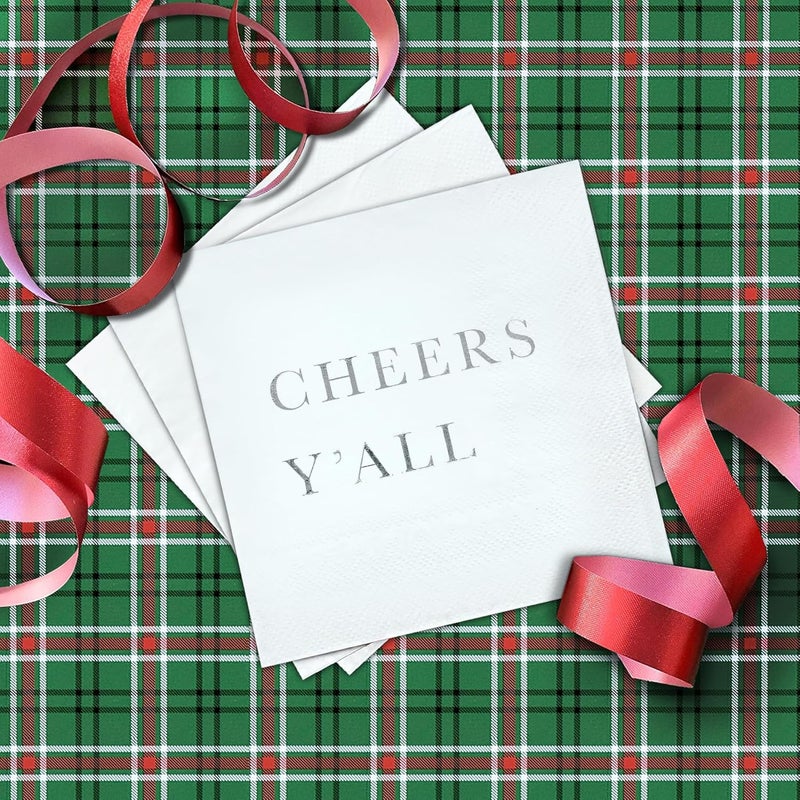 Sunshine Supply Cheers Y’all Christmas Cocktail Napkins – Silver Foil 3-Ply Disposable Napkins for Christmas Parties, New Year's Eve and Holiday Celebrations - Image 4