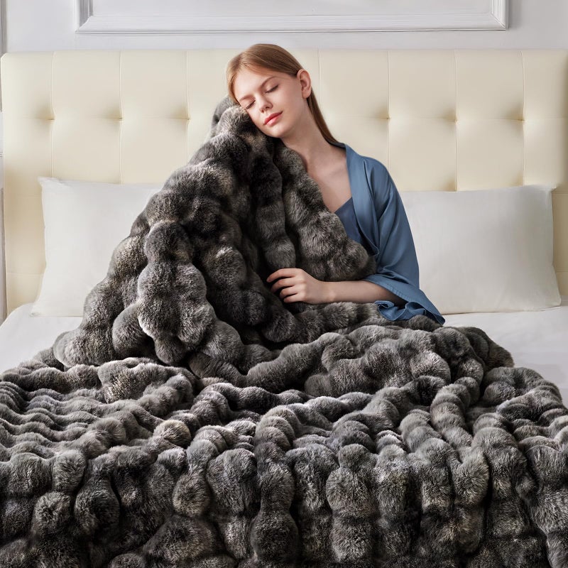 Anysay Faux Fur Throw Blanket, 1000GSM Fluffy Soft Bubble Blanket for Couch Bed, Cozy Plush Warm and Thick Blanket, Fuzzy Rabbit Throw for Living Room Bedroom 50''*60'' Tie-dye Grey - Image 5