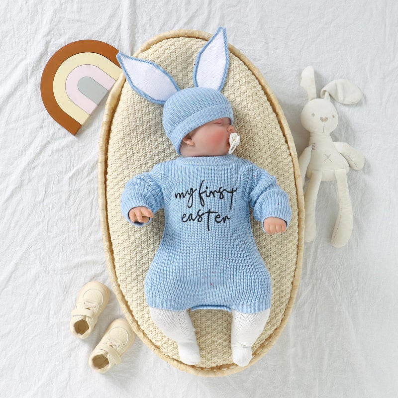 Gureui My First Easter Newborn Baby Girl Boy Outfit 0-3 Months Long Sleeve Knit Romper Onesie with Bunny Hat Infant Clothes - Image 2