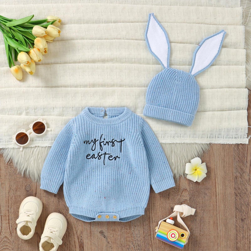 Gureui My First Easter Newborn Baby Girl Boy Outfit 0-3 Months Long Sleeve Knit Romper Onesie with Bunny Hat Infant Clothes - Image 5