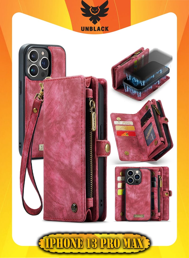 CaseMe Protective Phone Cover Case Wallet Case For Apple iPhone 13 Pro Max, 2 in 1 Detachable Premium Leather Magnetic Zipper Pouch Wristlet Flip Phone Case (Red) - Image 1