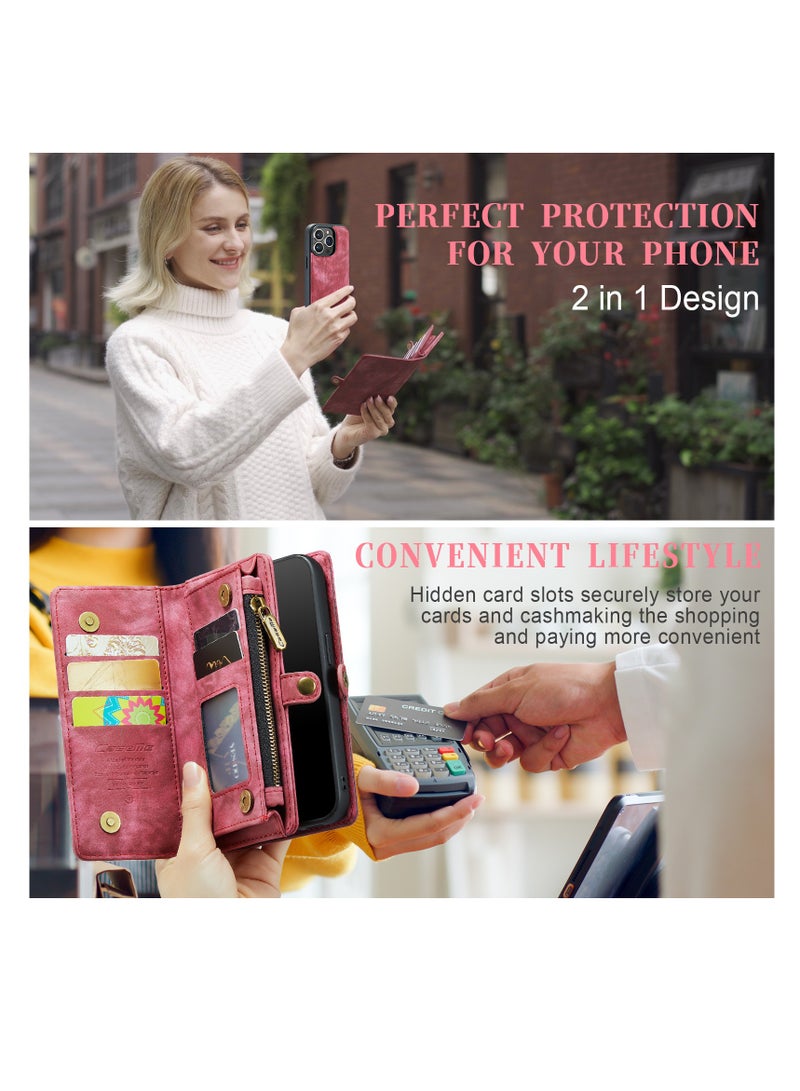 CaseMe Protective Phone Cover Case Wallet Case For Apple iPhone 13 Pro Max, 2 in 1 Detachable Premium Leather Magnetic Zipper Pouch Wristlet Flip Phone Case (Red) - Image 3