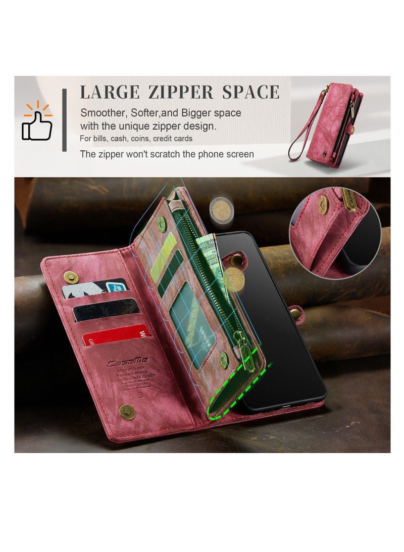 CaseMe Protective Phone Cover Case Wallet Case For Apple iPhone 13 Pro Max, 2 in 1 Detachable Premium Leather Magnetic Zipper Pouch Wristlet Flip Phone Case (Red) - Image 5
