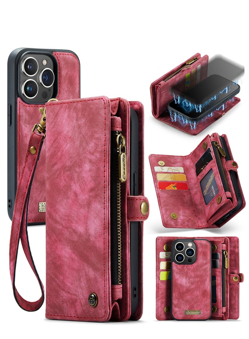 CaseMe Protective Phone Cover Case Wallet Case For Apple iPhone 13 Pro Max, 2 in 1 Detachable Premium Leather Magnetic Zipper Pouch Wristlet Flip Phone Case (Red) - Image 2